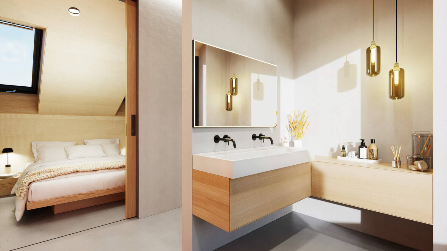 Ein Badezimmer mit Waschtischen, einer begehbaren Dusche.